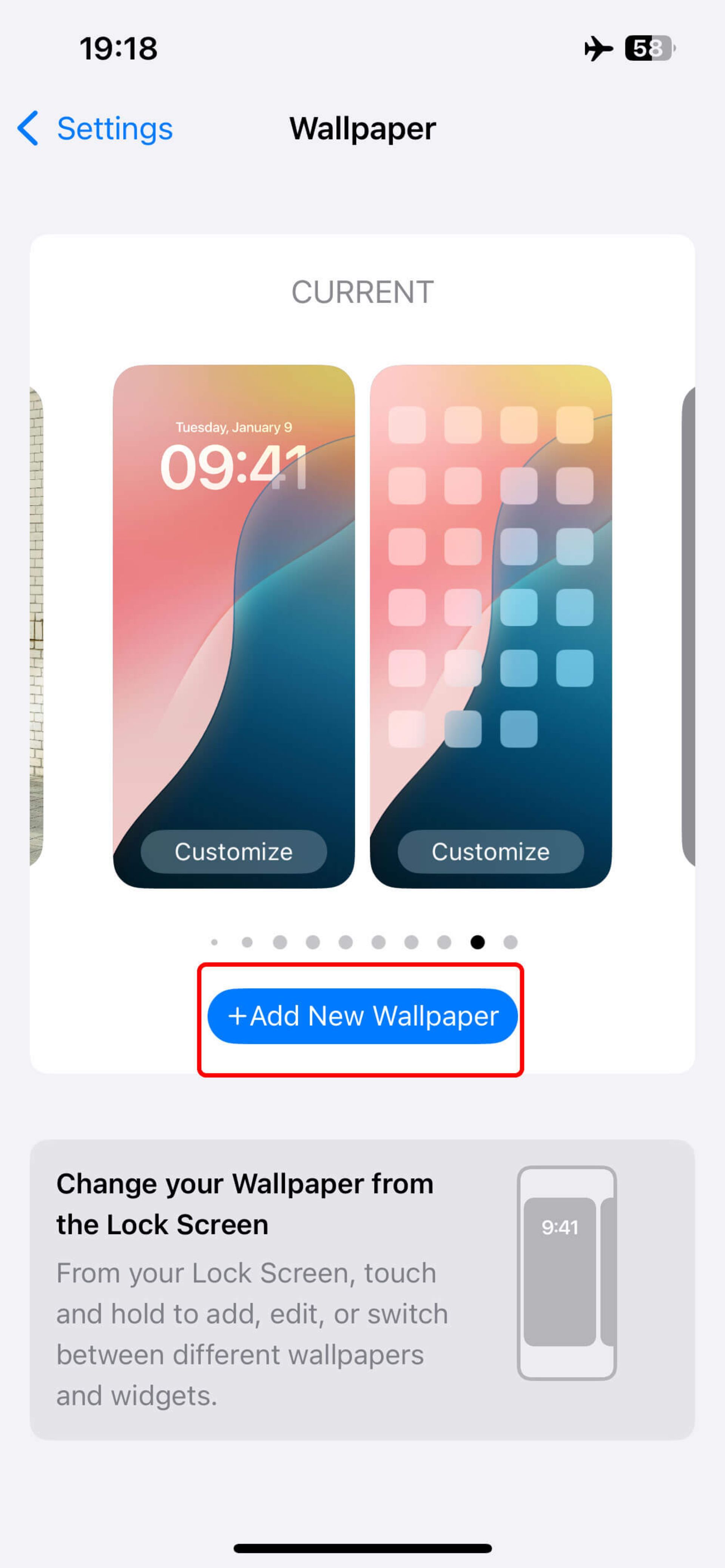 انتخاب Add Wallpaper برای افزودن والپیپر داینامیک جدید در ios 18